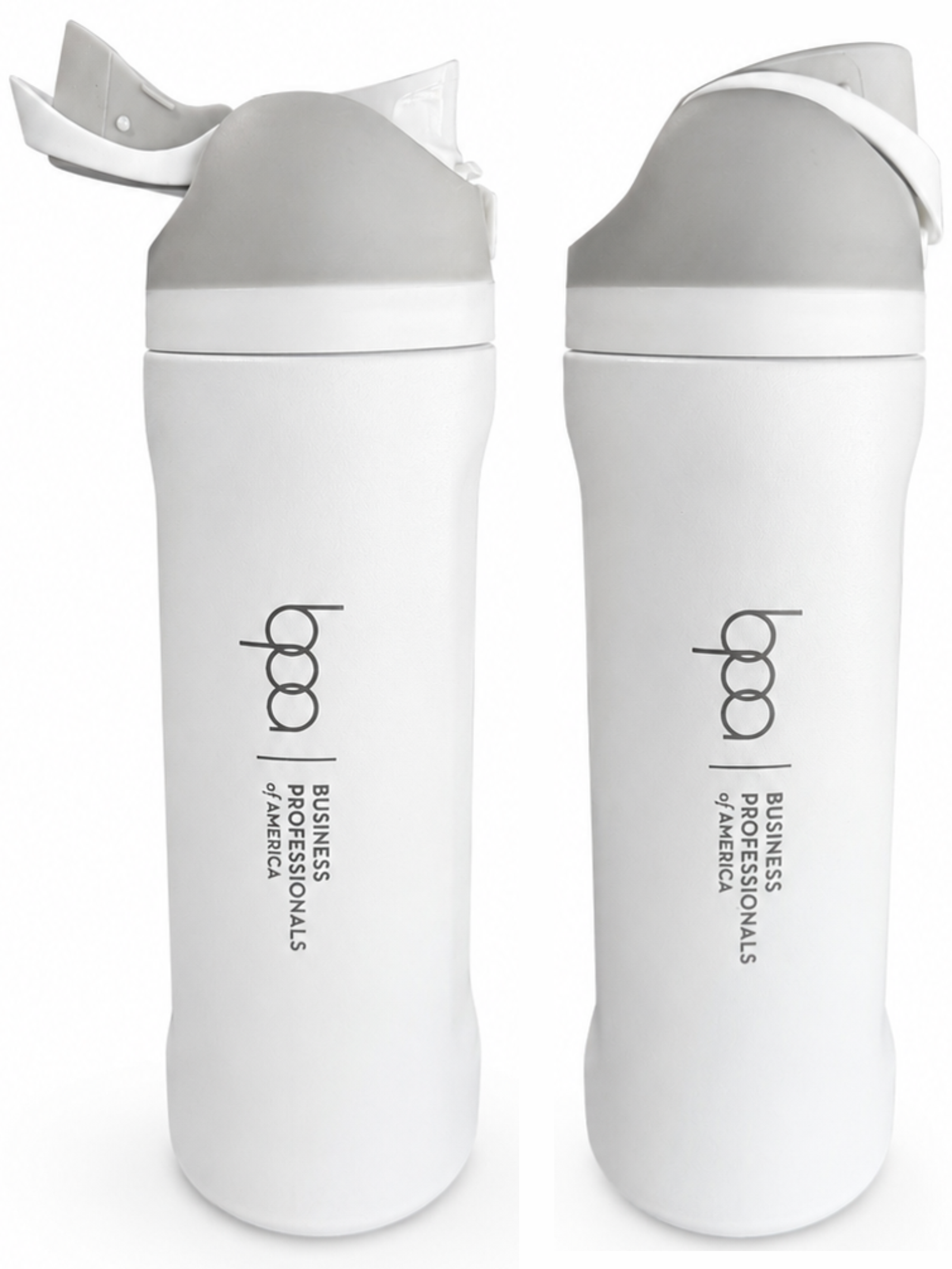 Two white shaker bottles with gray lids, shown side by side on a white background. Each bottle features a black logo and the text 'BUSINESS PROFESSIONALS of AMERICA'.